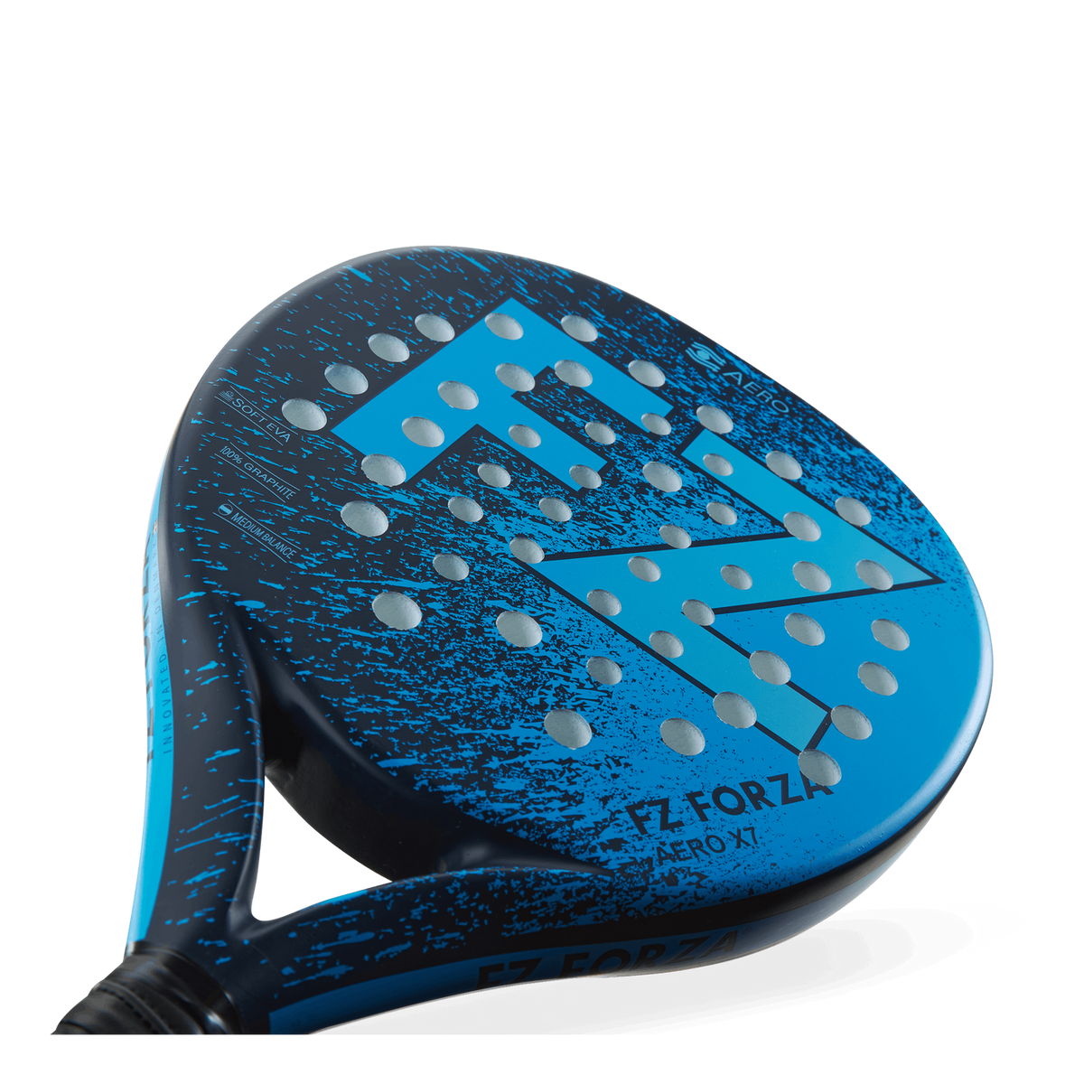 Close-up of the blue and black FZ FORZA Aero X7 padel racket face