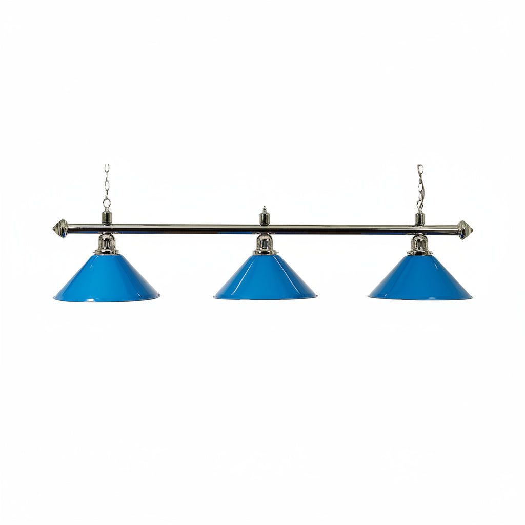 Three blue lampshades on a chrome fixture 