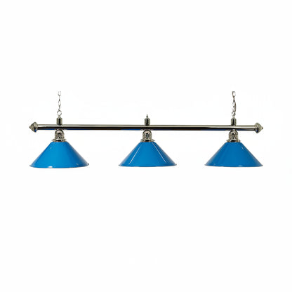 Three blue lampshades on a chrome fixture 