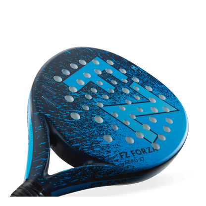 Close-up of the blue and black FZ FORZA Aero X7 padel racket face